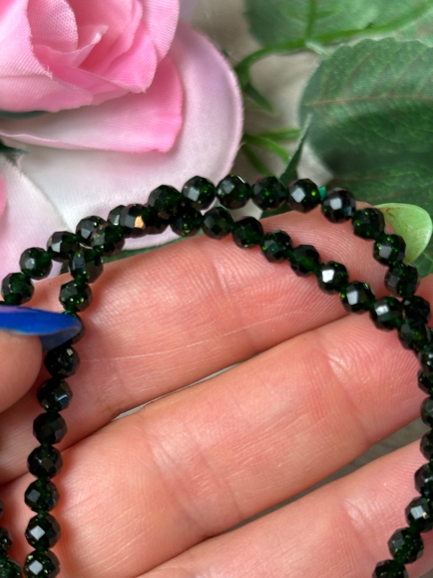 Rare Green Sandstone / Goldstone Facet 4mm Bead Bracelet