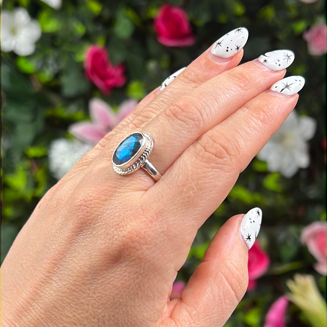Labradorite Facet 925 Sterling Silver Ring - Size L 1/2