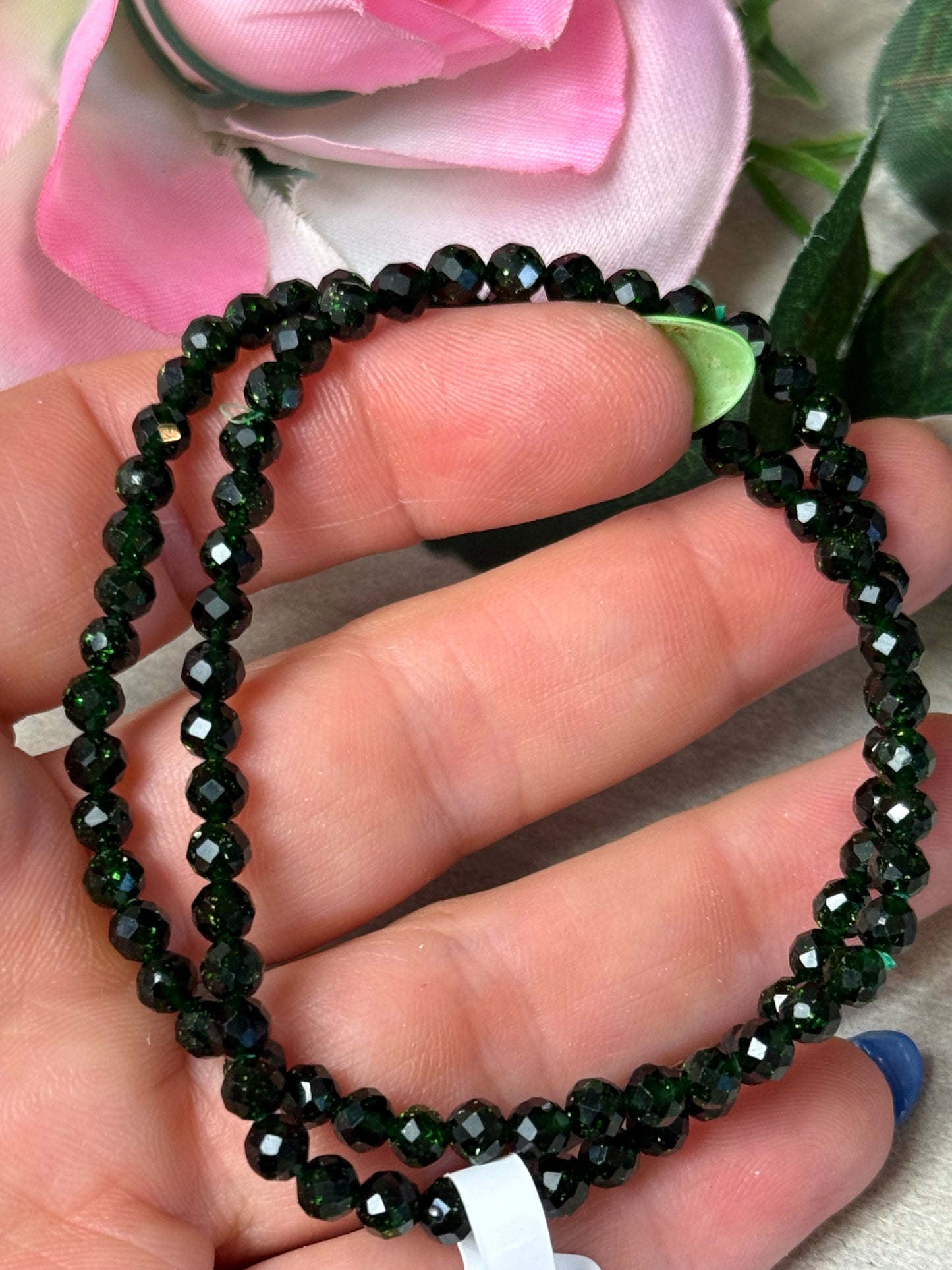 Rare Green Sandstone / Goldstone Facet 4mm Bead Bracelet