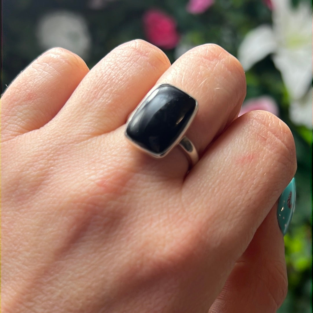 Whitby Jet 925 Silver Ring -  Size N - N 1/2