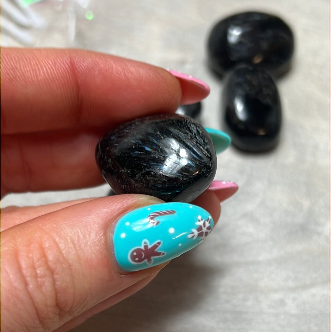 Arfvedsonite with Garnet Polished tumble tumblestone