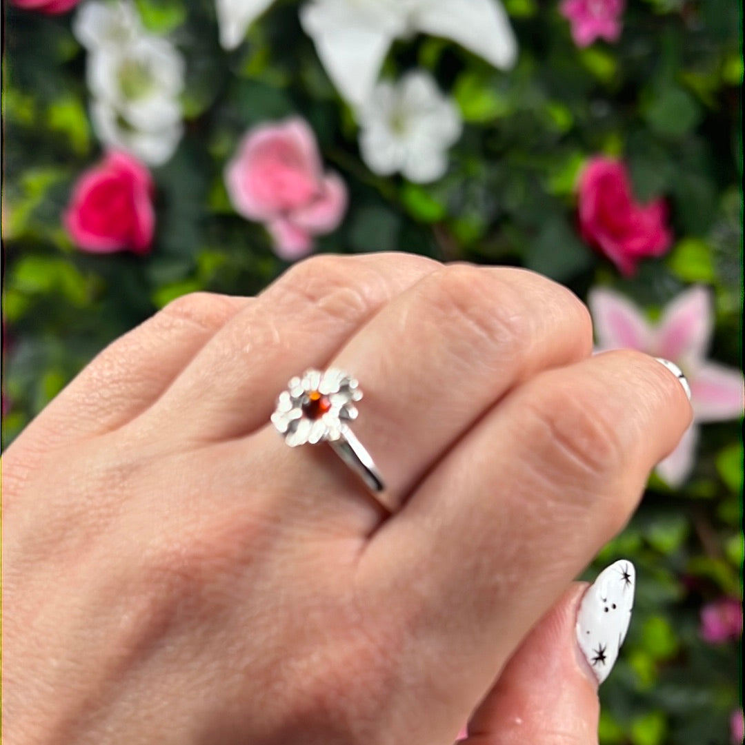 Amber Daisy Flower 925 Sterling Silver Ring - Size O 1/2 - P