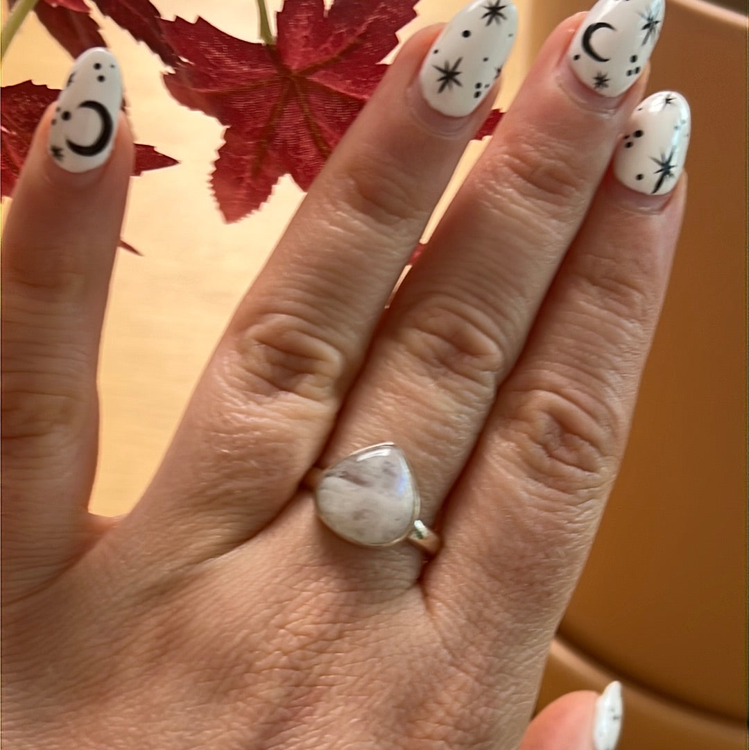 Rainbow Moonstone 925 Sterling Silver Ring - Size P 1/2