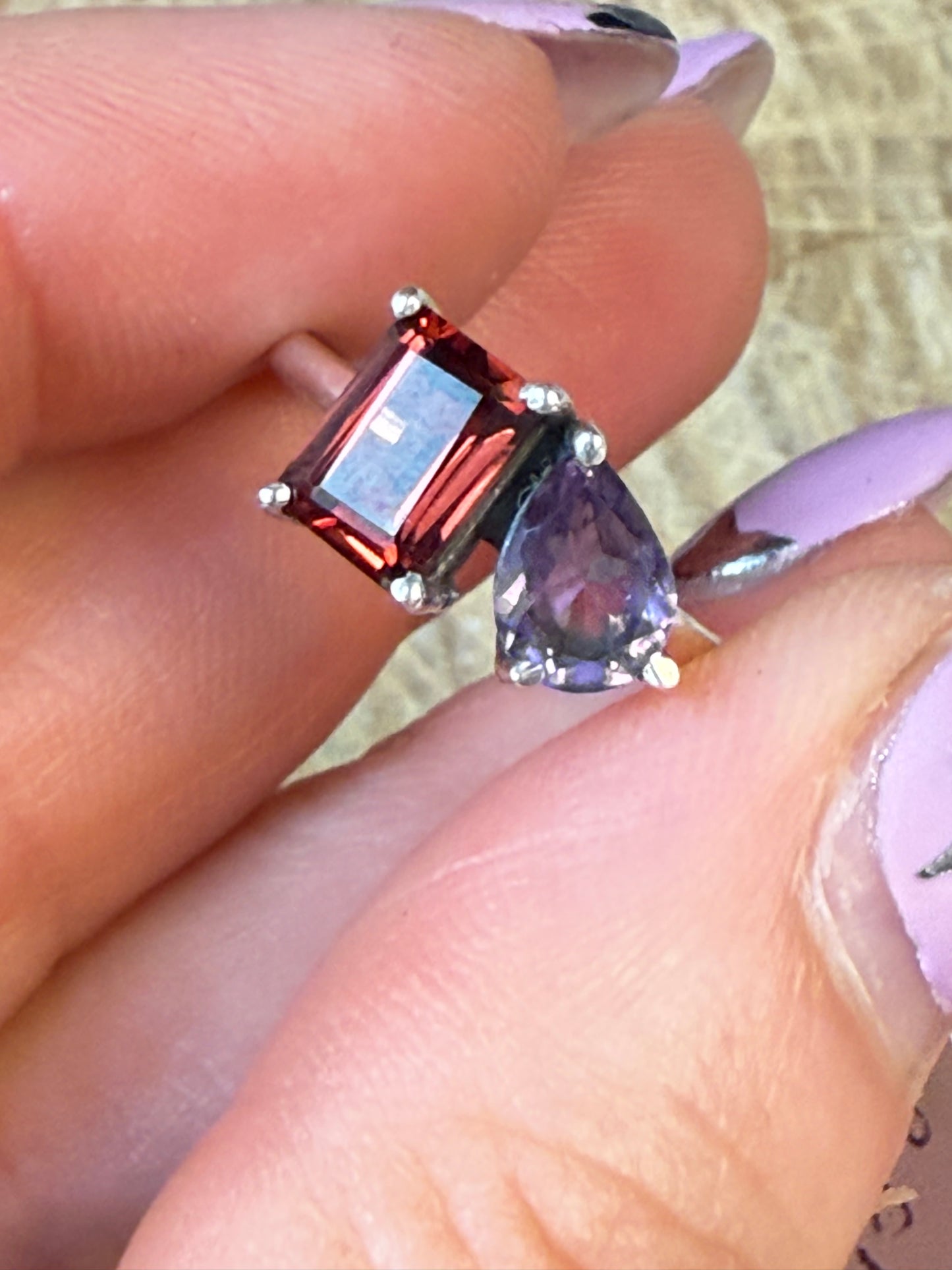 Duo Double Stone - Amethyst / Garnet 925 Silver Ring - Size Q