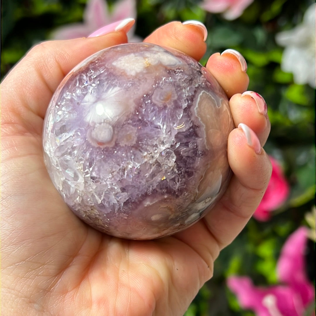 Pink Amethyst & Purple Druzy Amethyst Sphere with flower agate
