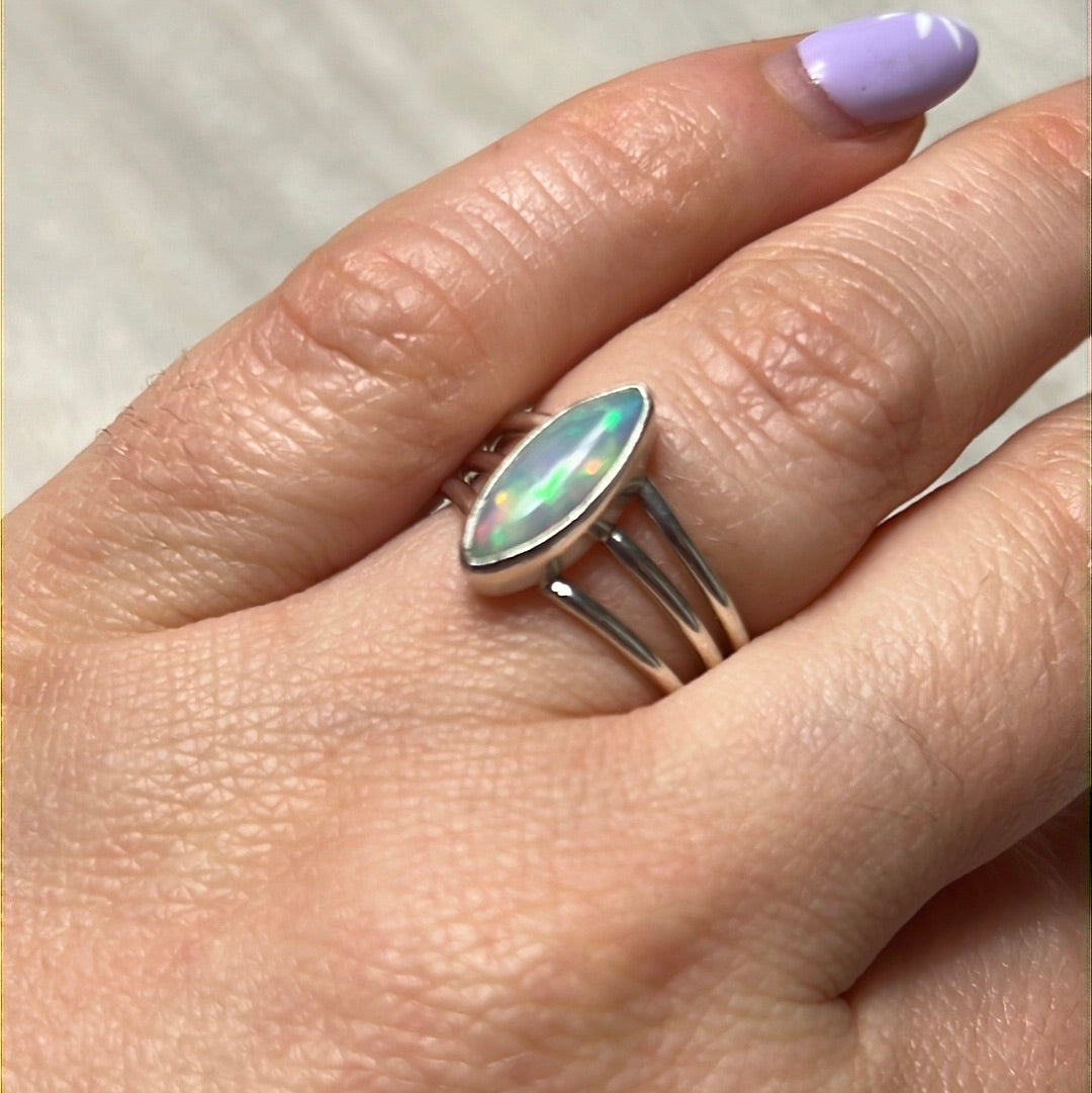 Ethiopian Opal 3 Bar 925 Sterling Silver Ring - Size L 1/2
