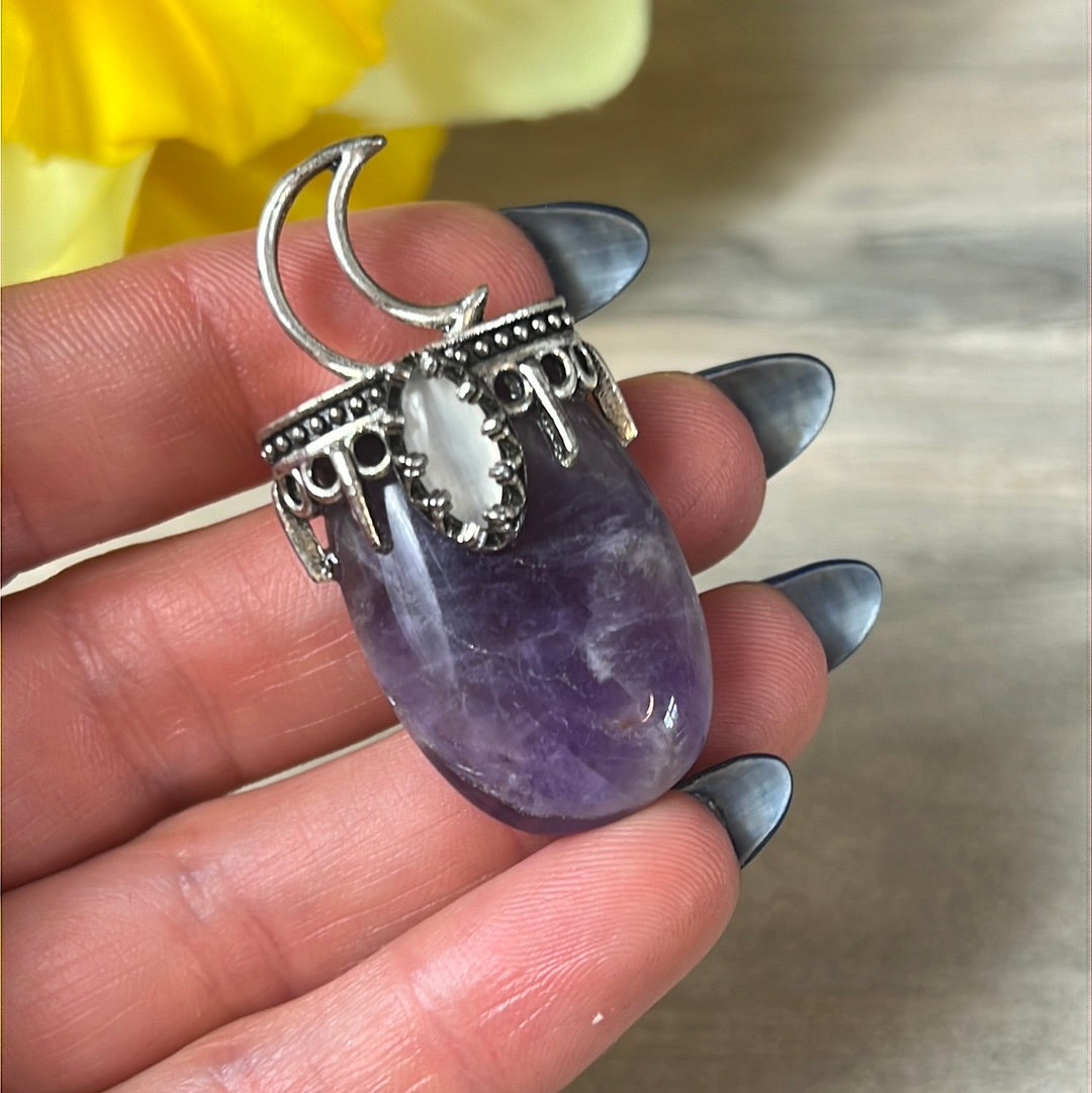 Moon Pendant - with Selenite  PLATED Silver