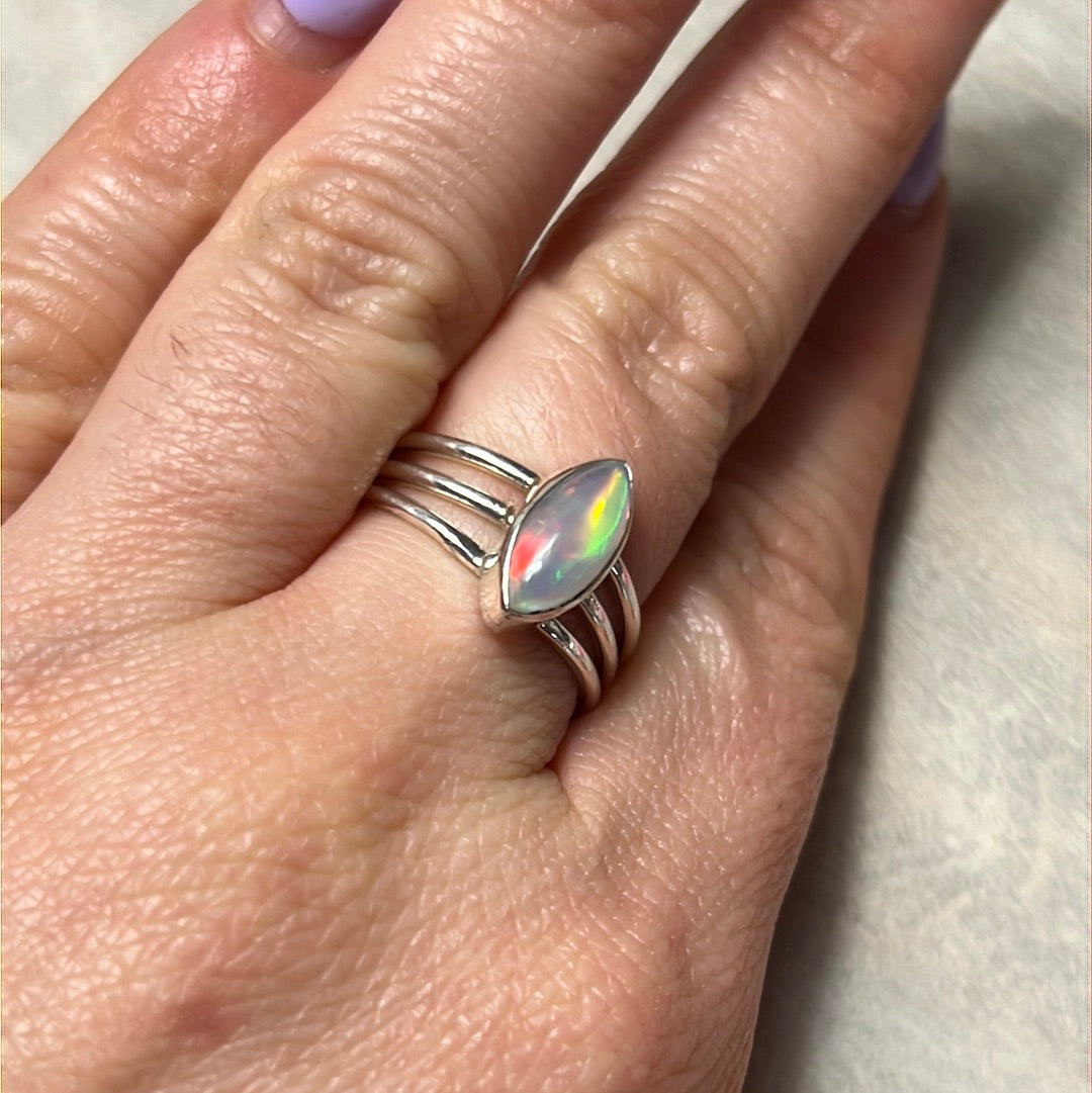 Ethiopian Opal 3 Bar 925 Sterling Silver Ring - Size Q