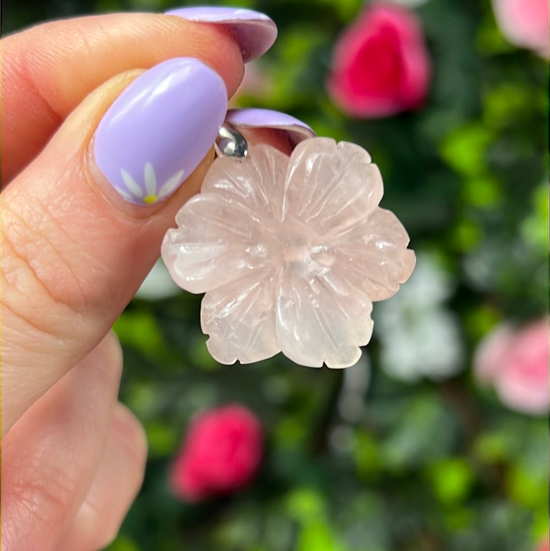 Rose Quartz Flower Pendant Sterling Silver