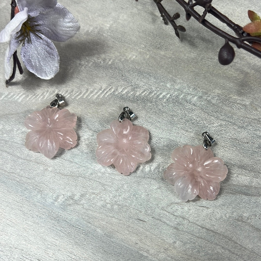 Rose Quartz Flower Pendant Sterling Silver