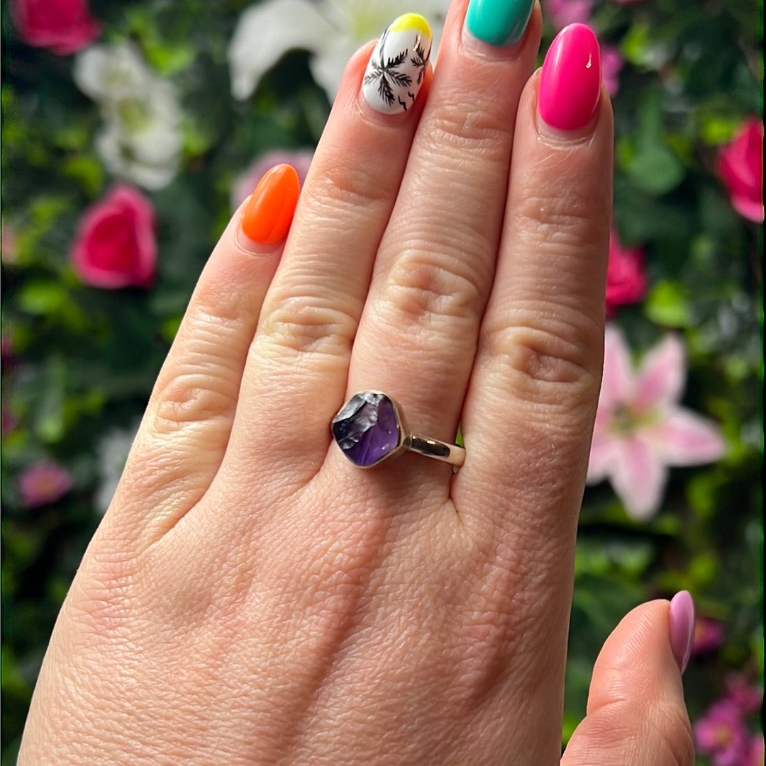 Amethyst Raw 925 Sterling Silver Ring - Size R 1/2