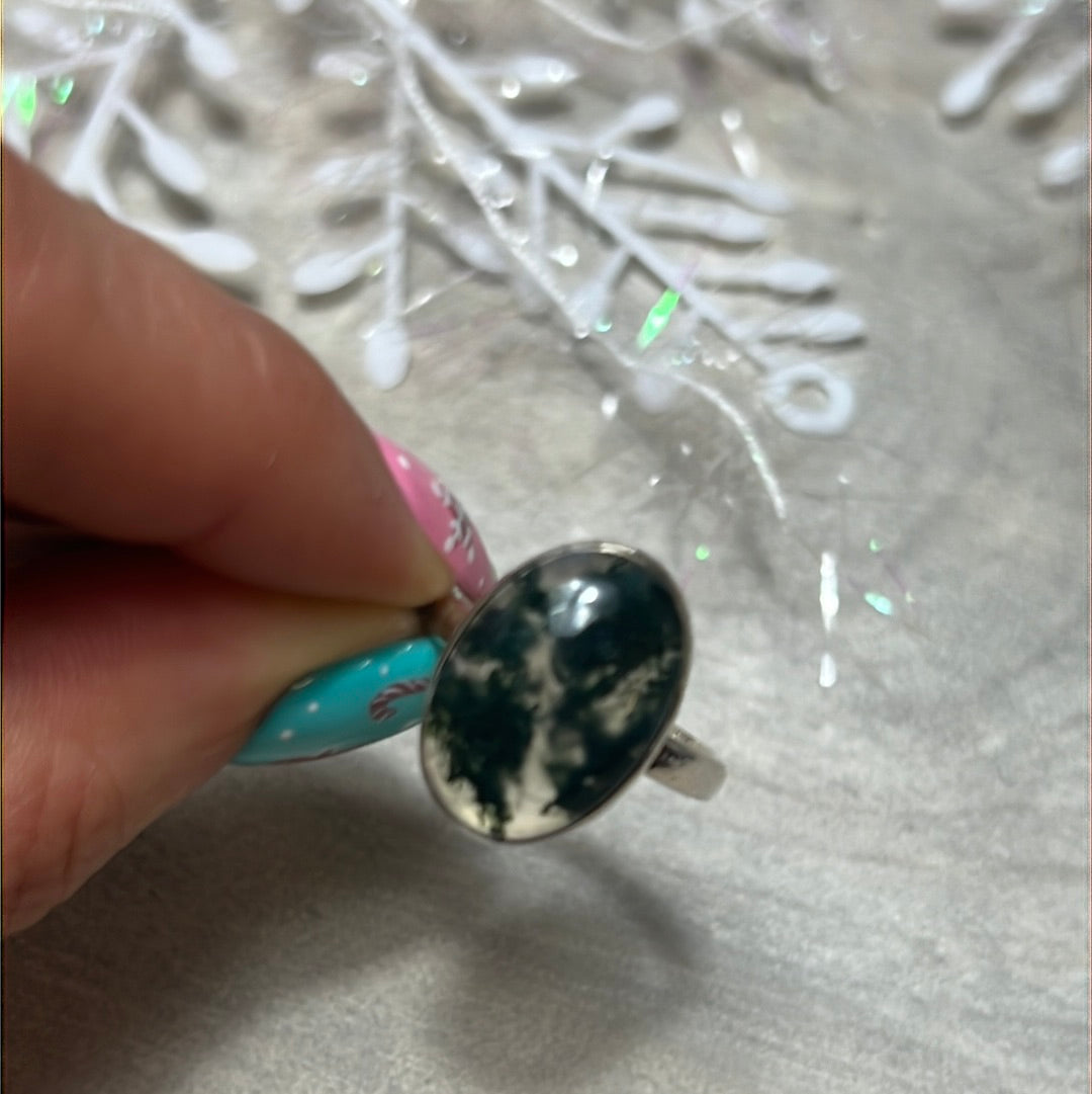 Moss Agate 925 Sterling Silver Ring - Size S