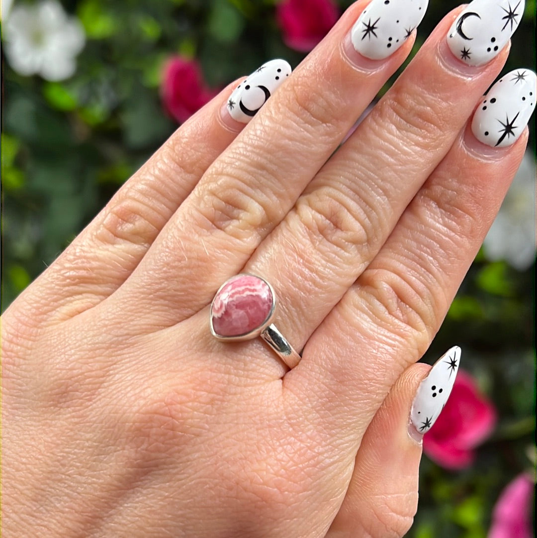 Rhodochrosite 925 Sterling Silver Ring - Size P 1/2