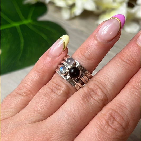 Trio Mix Fidget Spinner Ring - Sterling Silver 925 - Size J 1/2