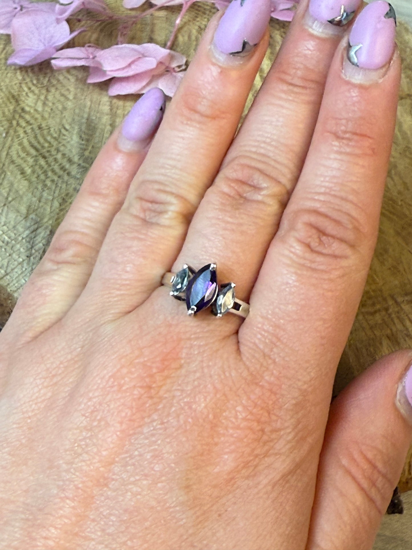 Triple Stone - Topaz / Amethyst 925 Ring - Size S