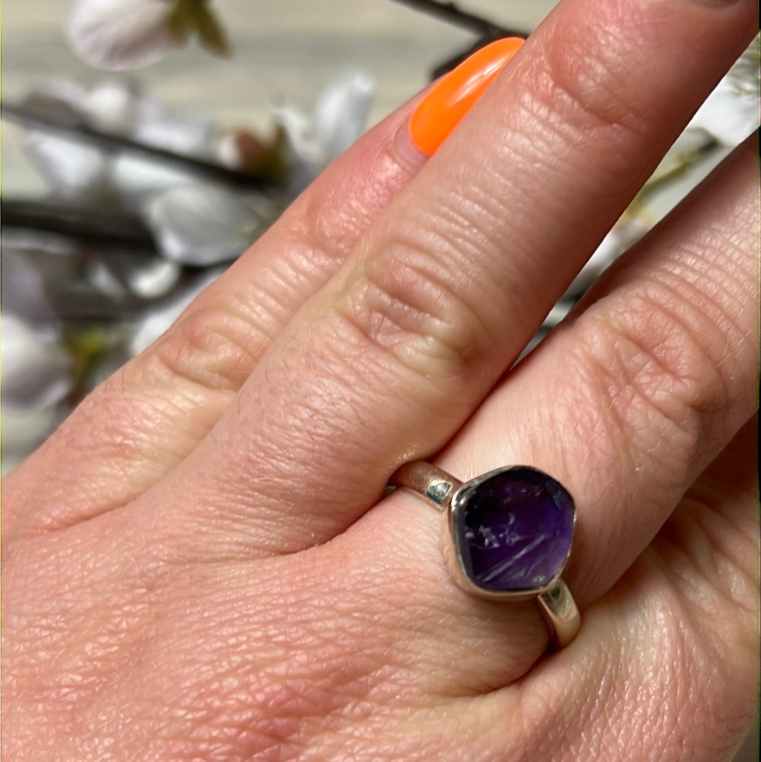 Amethyst Raw 925 Sterling Silver Ring - Size R 1/2
