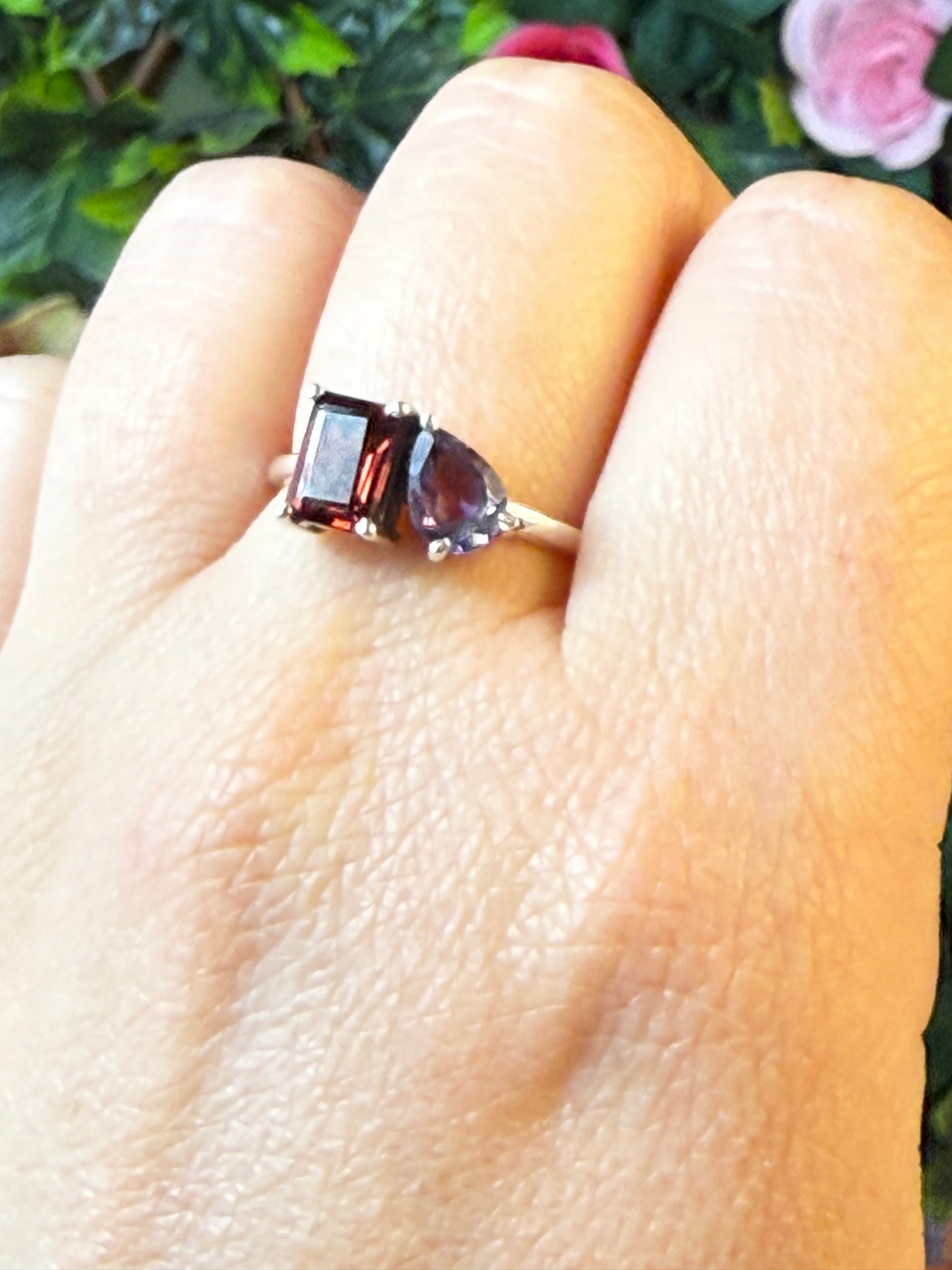 Duo Double Stone - Amethyst / Garnet 925 Silver Ring - Size Q
