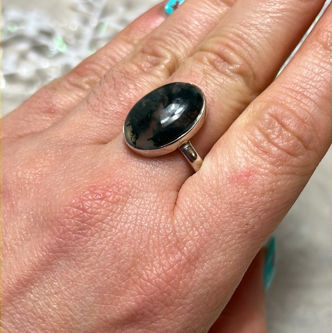 Moss Agate 925 Sterling Silver Ring - Size S