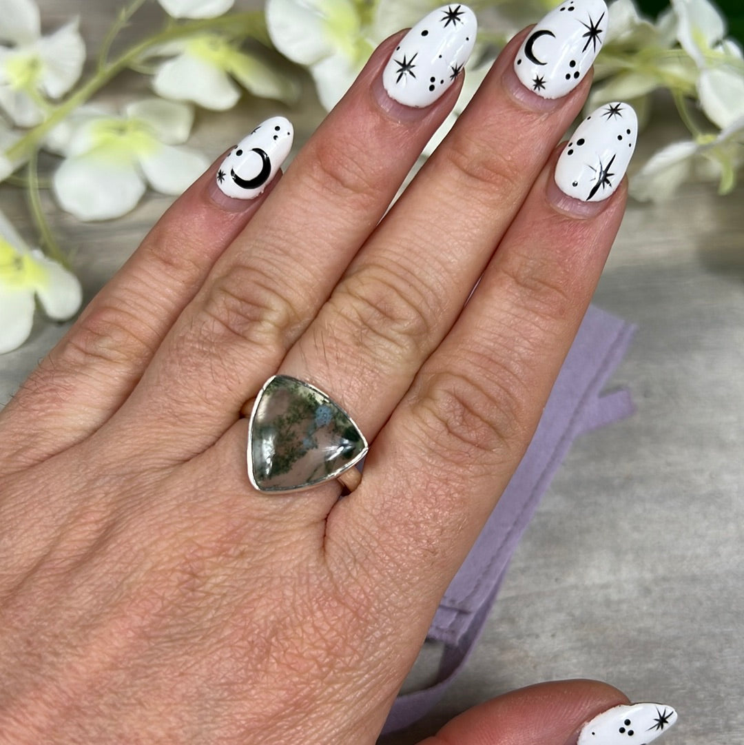 Moss Agate 925 Sterling Silver Ring - Size P 1/2 - Q