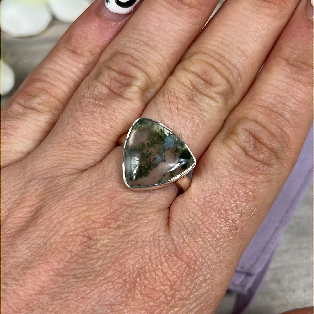 Moss Agate 925 Sterling Silver Ring - Size P 1/2 - Q