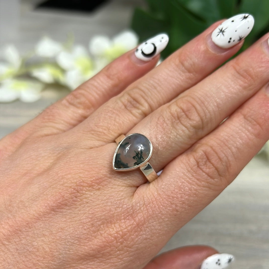 Moss Agate 925 Sterling Silver Ring - Size P 1/2 - Q