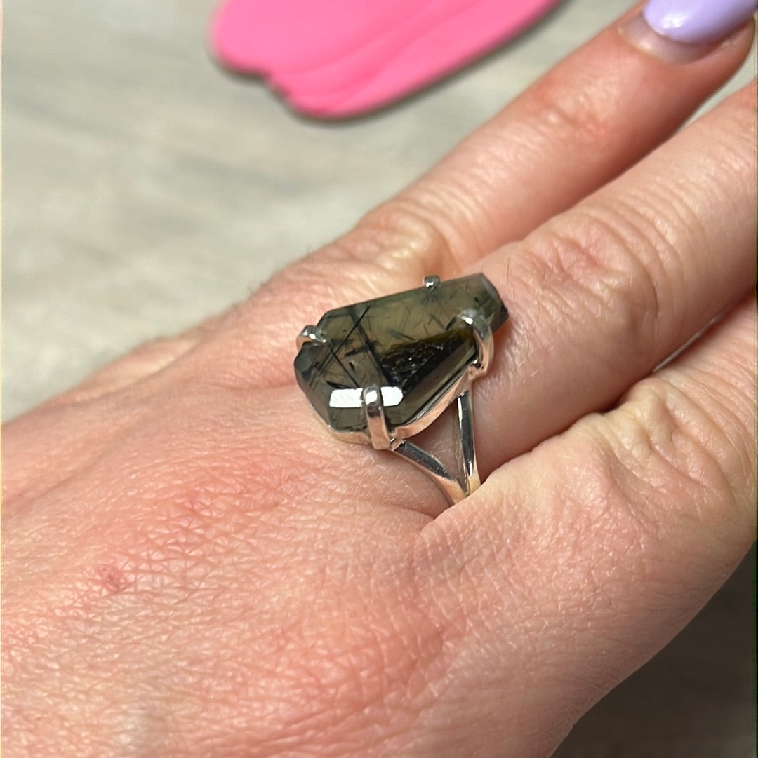 Prehnite & Epidote Coffin 925 Sterling Silver Ring - Size Q 1/2