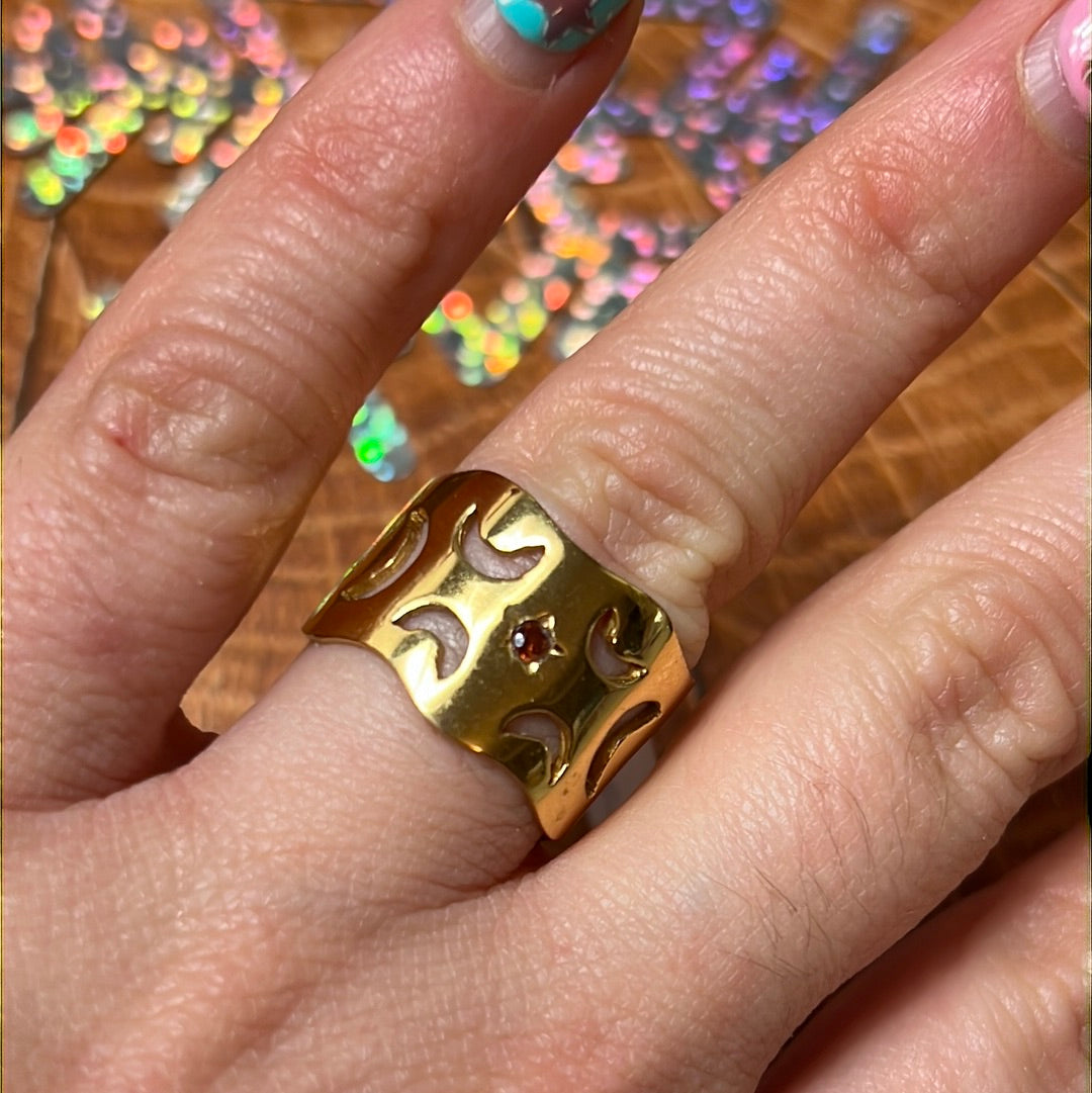 Tala Lani Ruby Moon - 22ct Gold Plated 925 Sterling Silver Ring - Size O