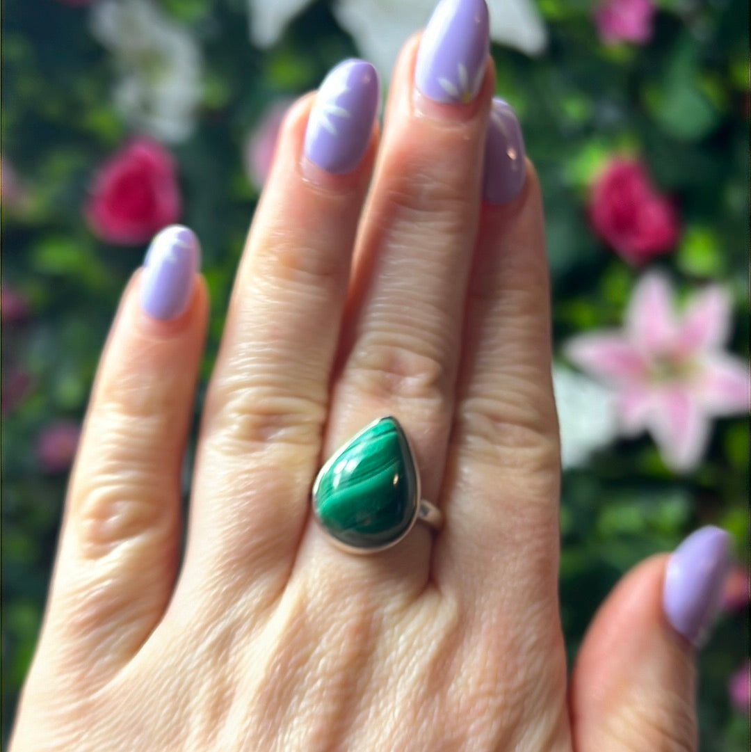 Malachite 925 Sterling Silver Ring -  Size N 1/2