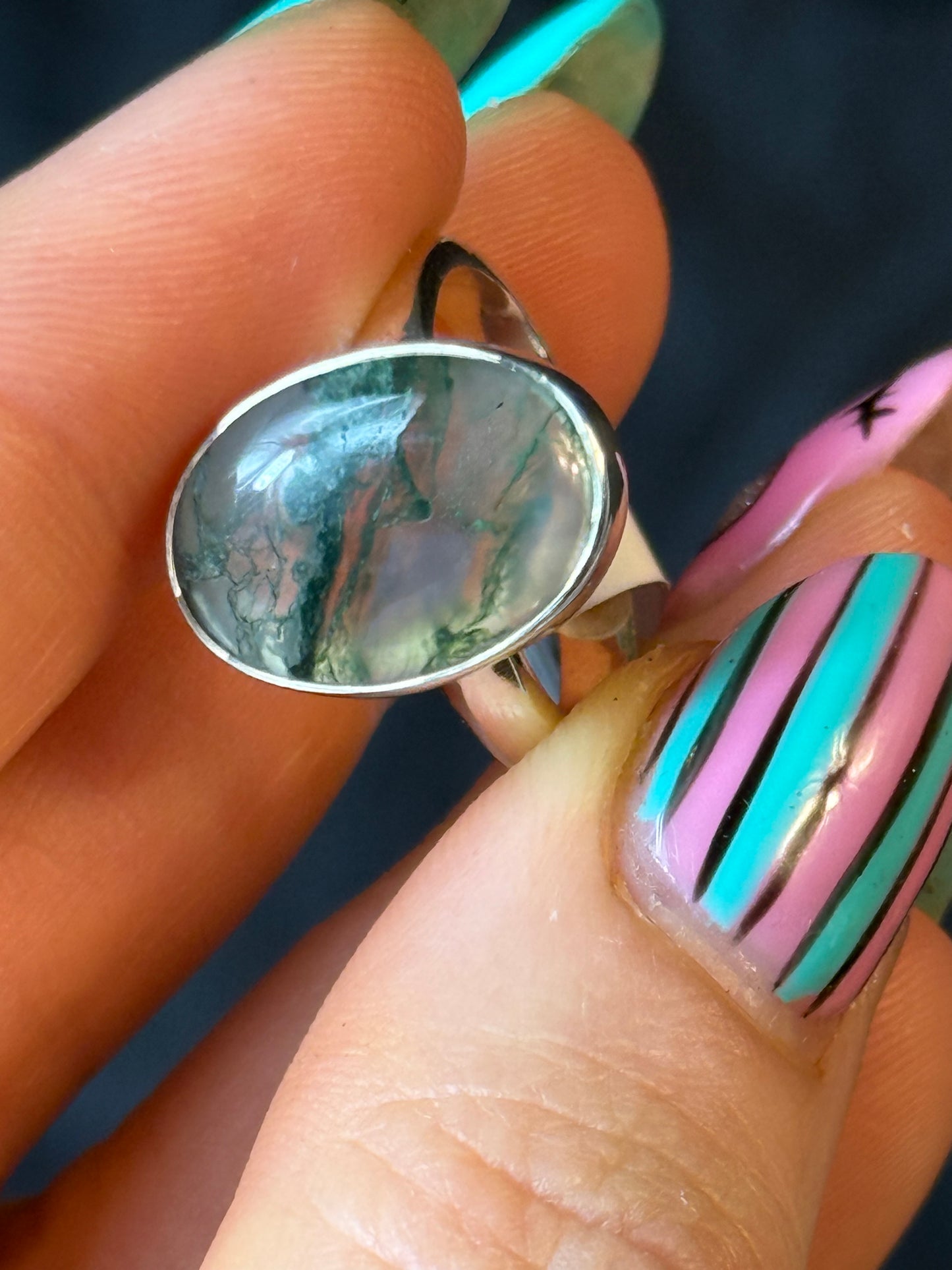 Moss Agate 925 Silver Ring - Size M 1/2