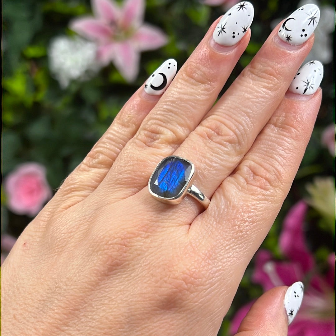 Labradorite Facet 925 Sterling Silver Ring - Size N 1/2