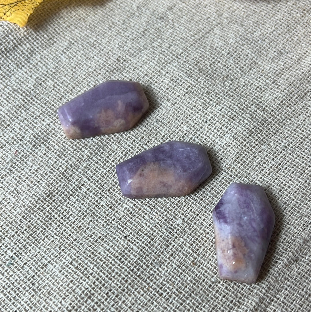 Lepidolite with stillbite coffin - flat back
