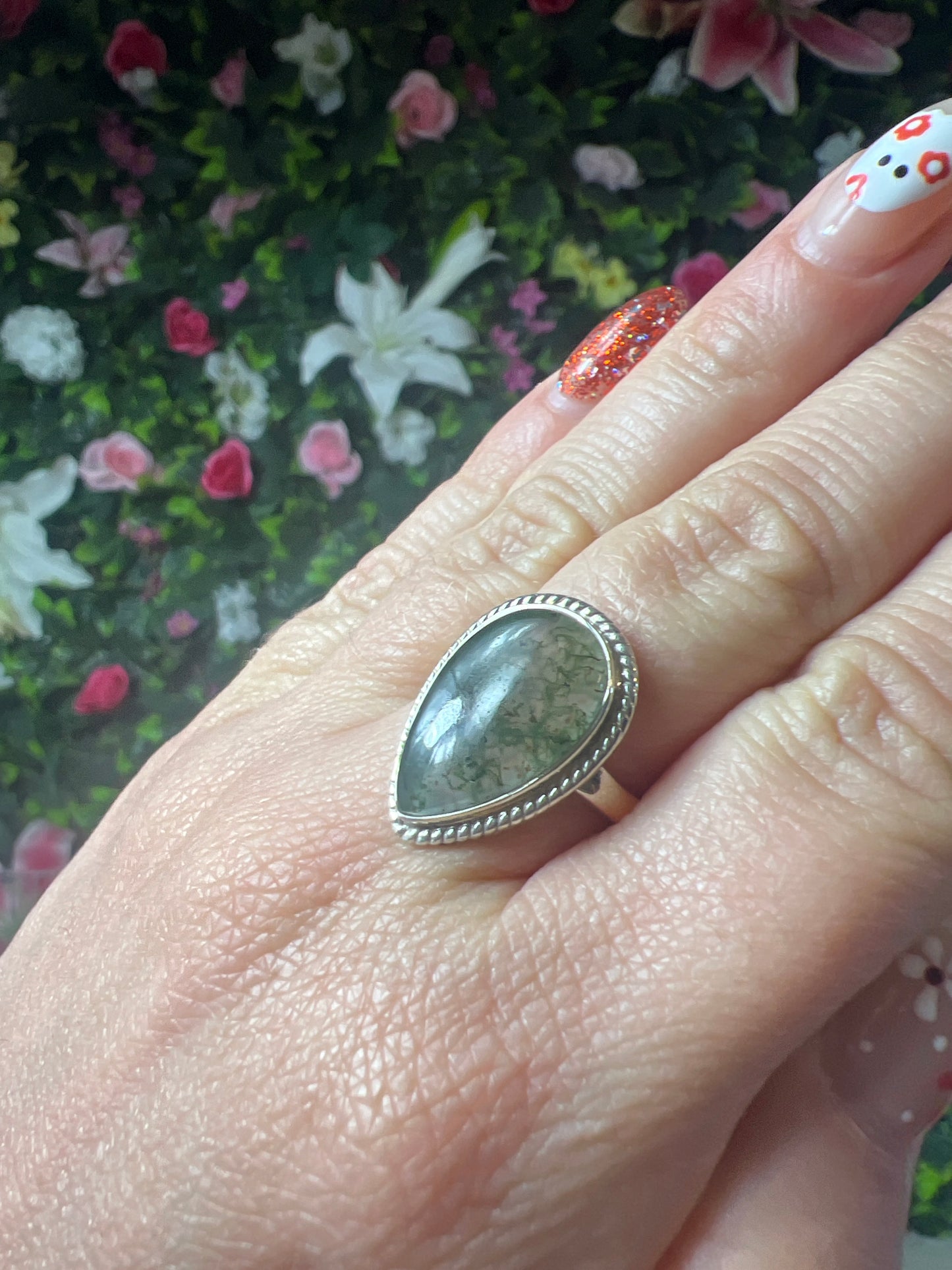 Moss Agate 925 Sterling Silver Ring - Size N 1/2