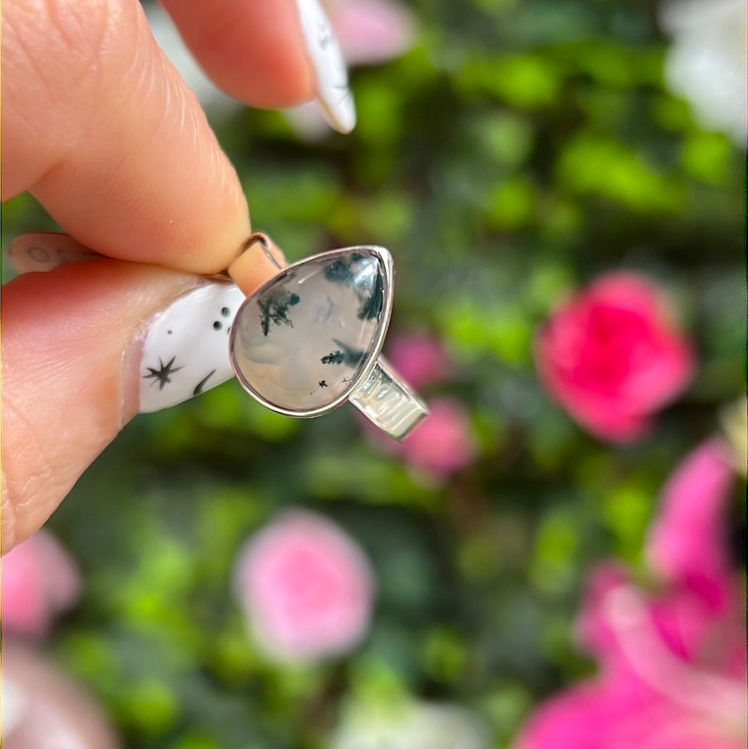 Moss Agate 925 Sterling Silver Ring - Size P 1/2 - Q