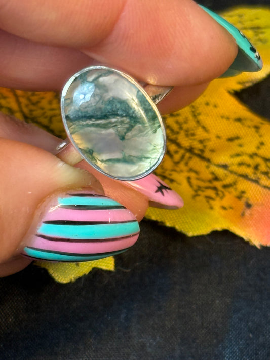 Moss Agate 925 Silver Ring - Size M 1/2