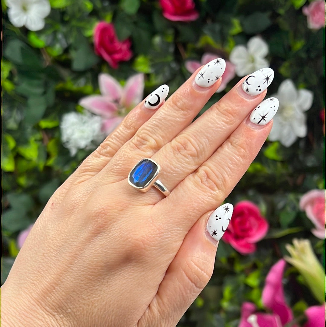 Labradorite Facet 925 Sterling Silver Ring - Size N 1/2