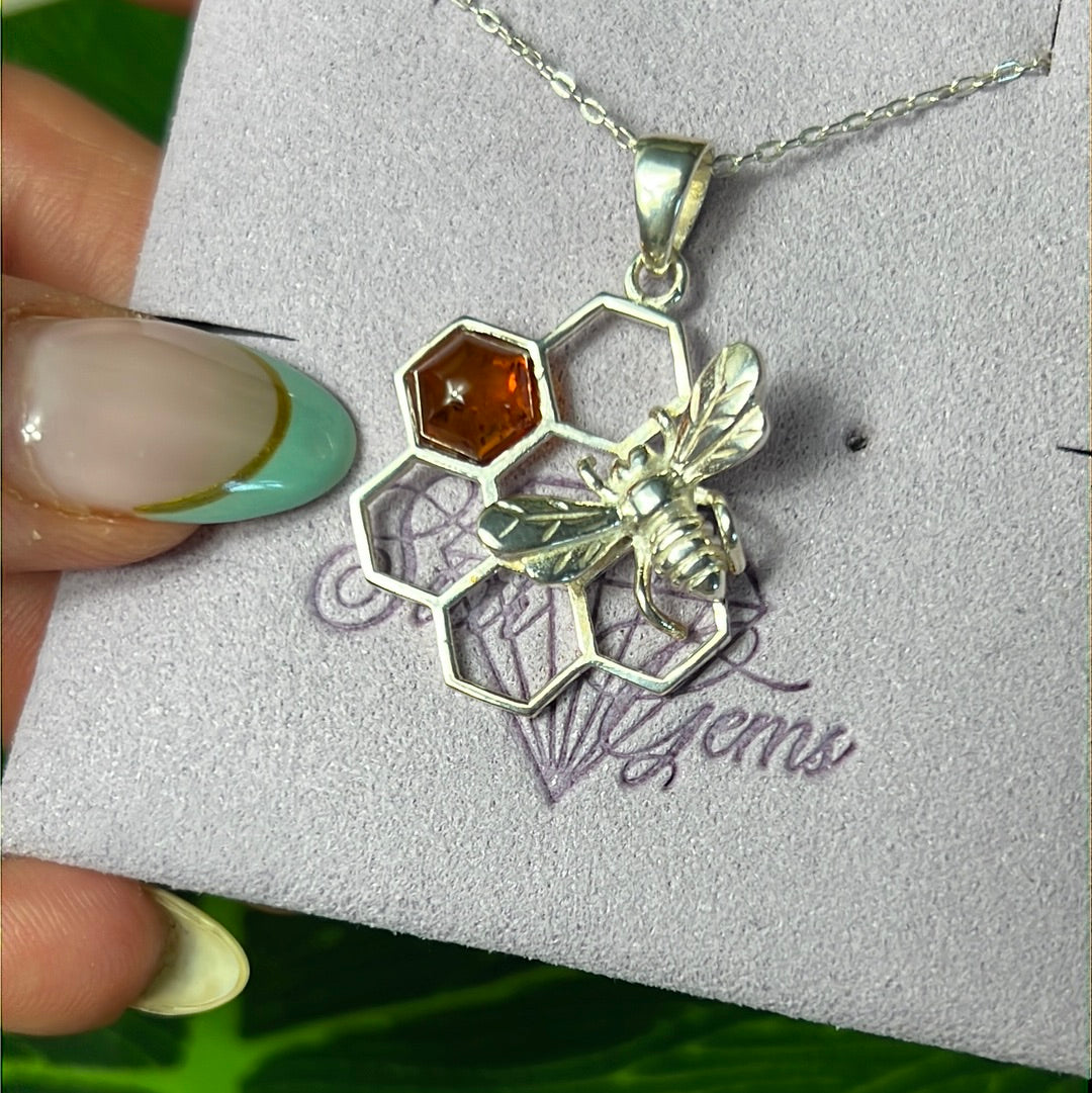 Amber Bee Honeycomb 925 Sterling Silver Pendant