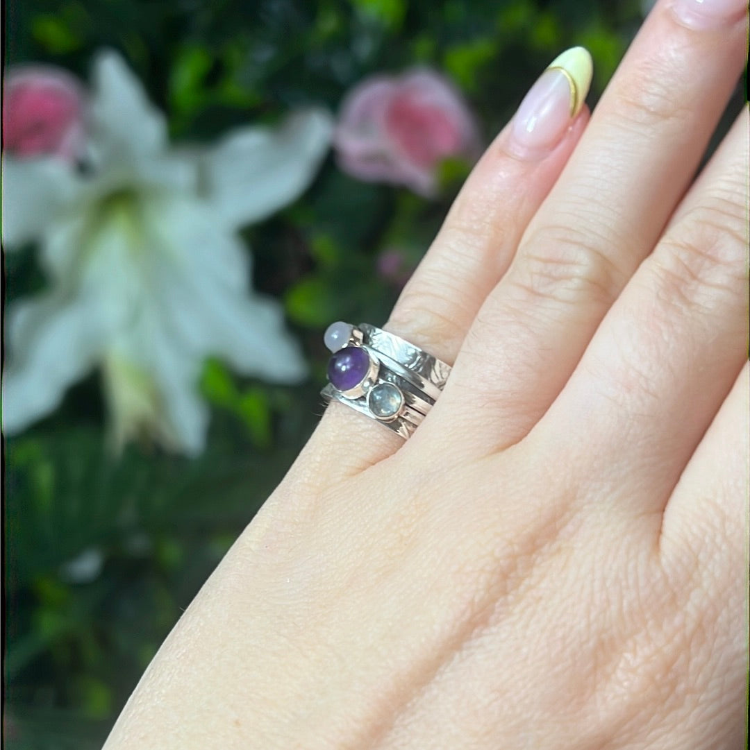 Trio Mix Fidget Spinner Ring - Sterling Silver 925 - Size J 1/2