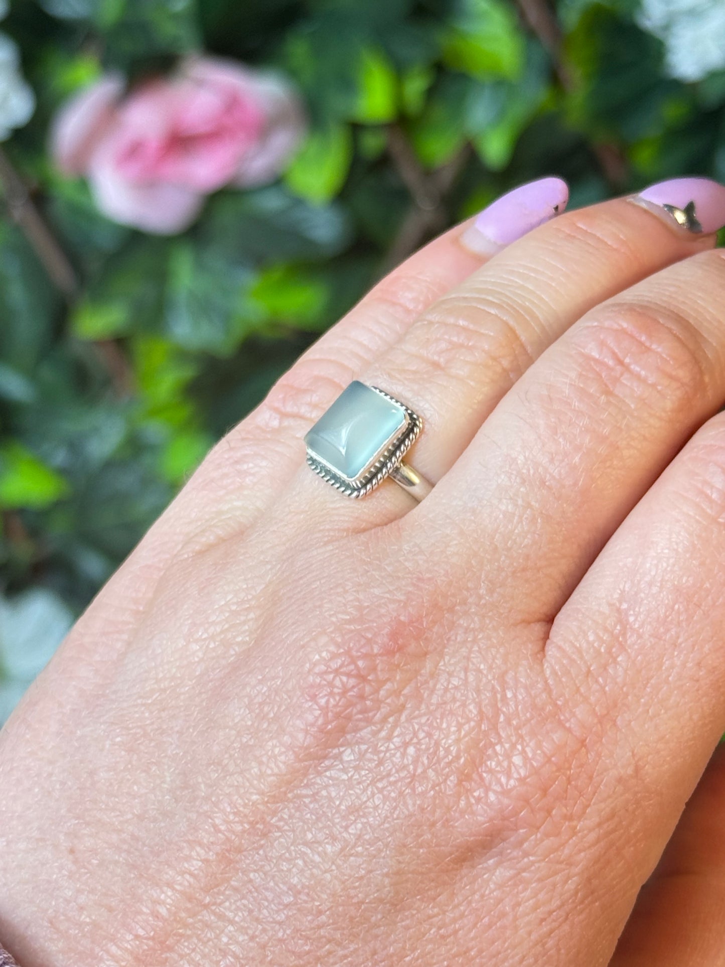Square Aqua Chalcedony 925 Silver Ring - Size L 1/2