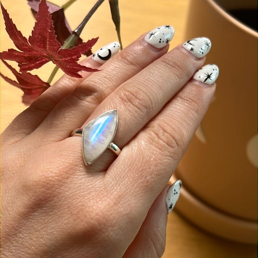 Rainbow Moonstone 925 Sterling Silver Ring - Size P 1/2