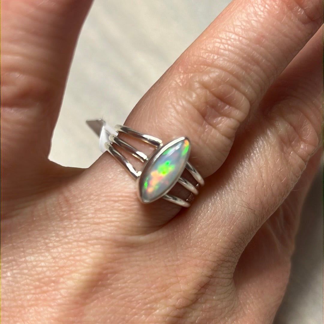 Ethiopian Opal 3 Bar 925 Sterling Silver Ring - Size L 1/2