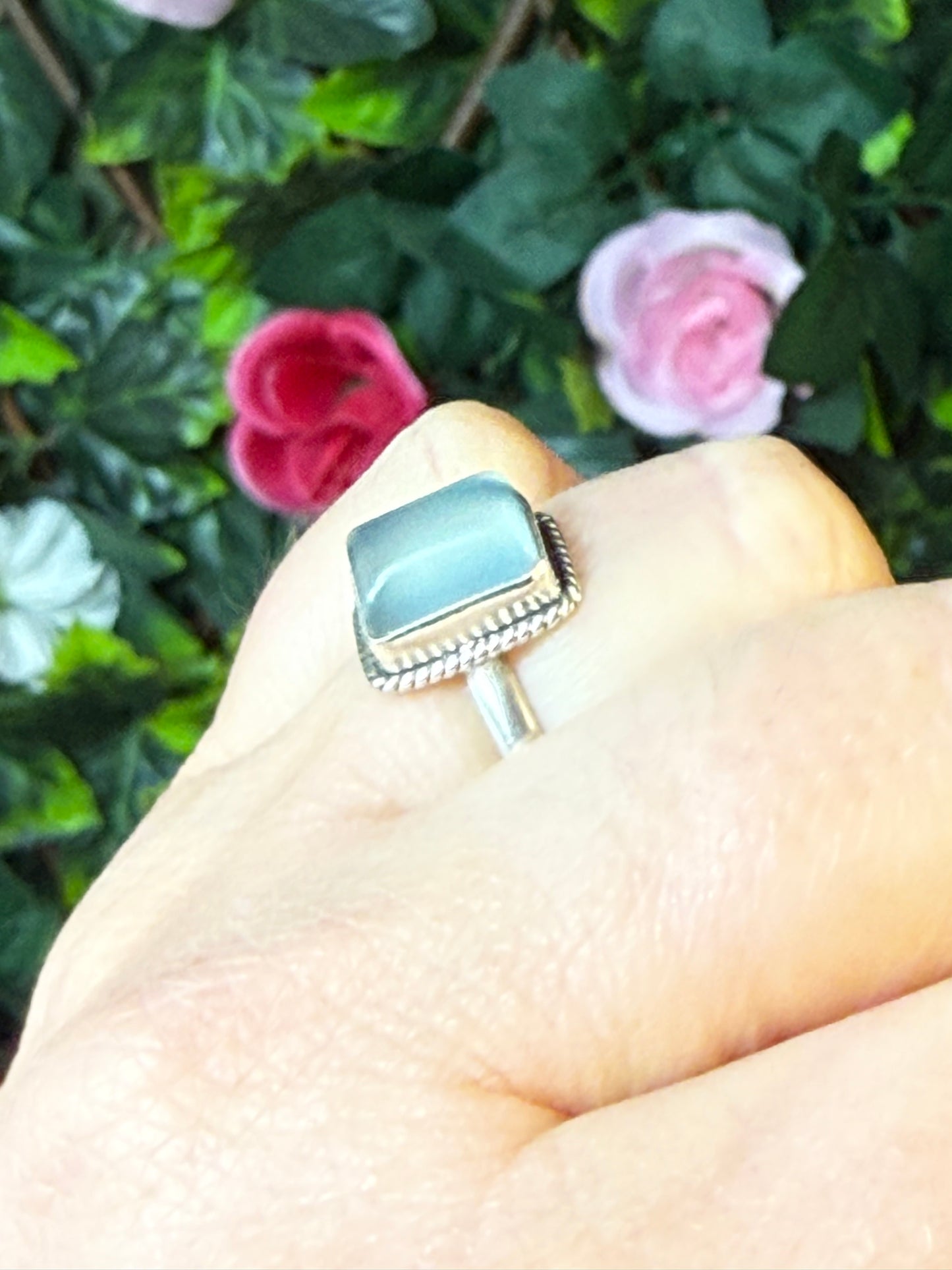Square Aqua Chalcedony 925 Silver Ring - Size L 1/2