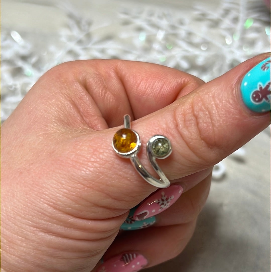 Amber Duo 925 Sterling Silver Ring - Size Q 1/2