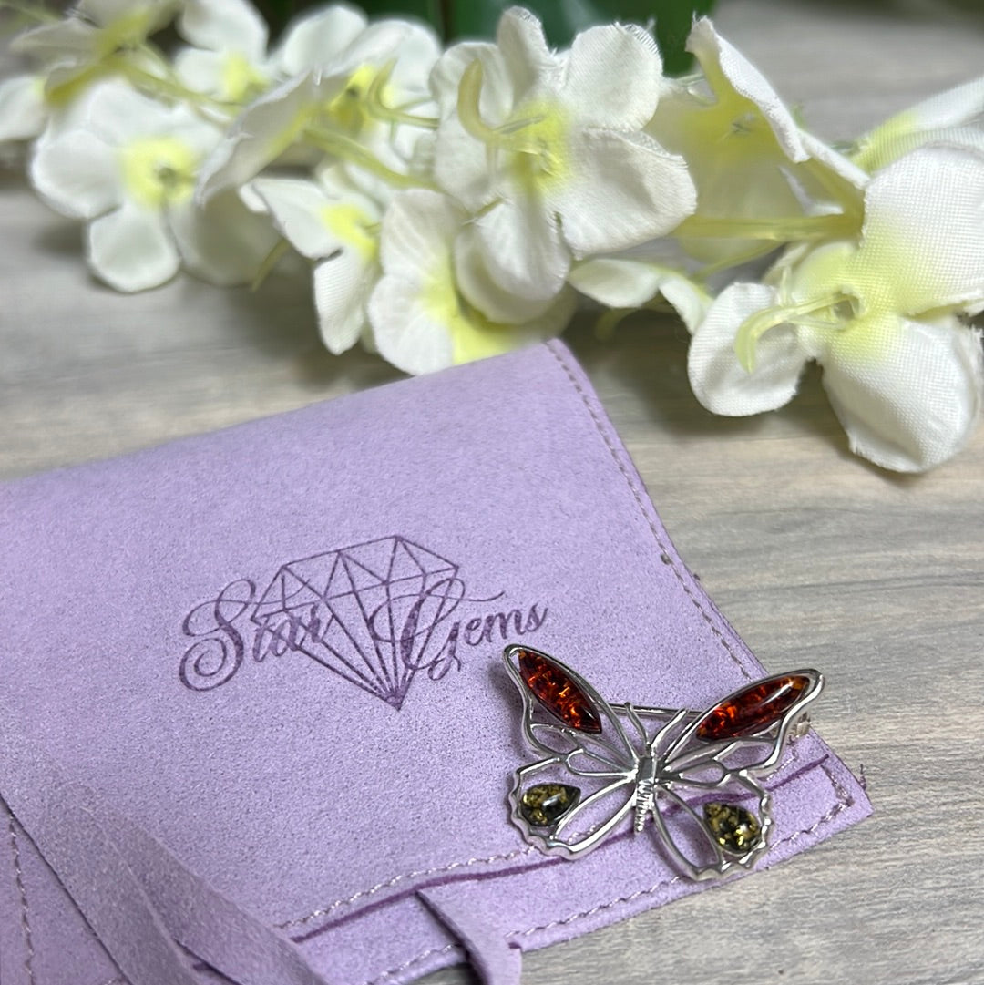 Amber Butterfly 925 Sterling Silver Brooch