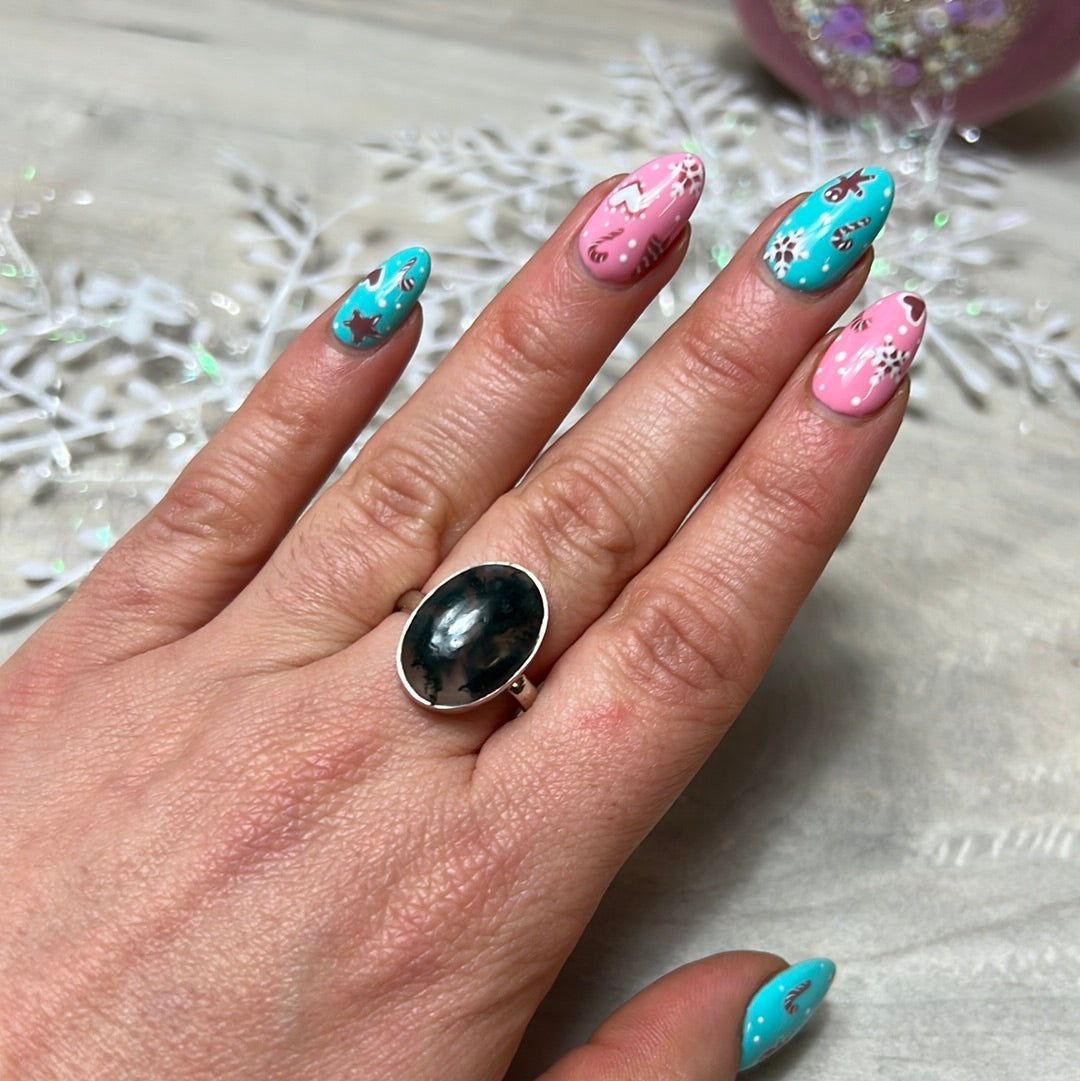 Moss Agate 925 Sterling Silver Ring - Size S