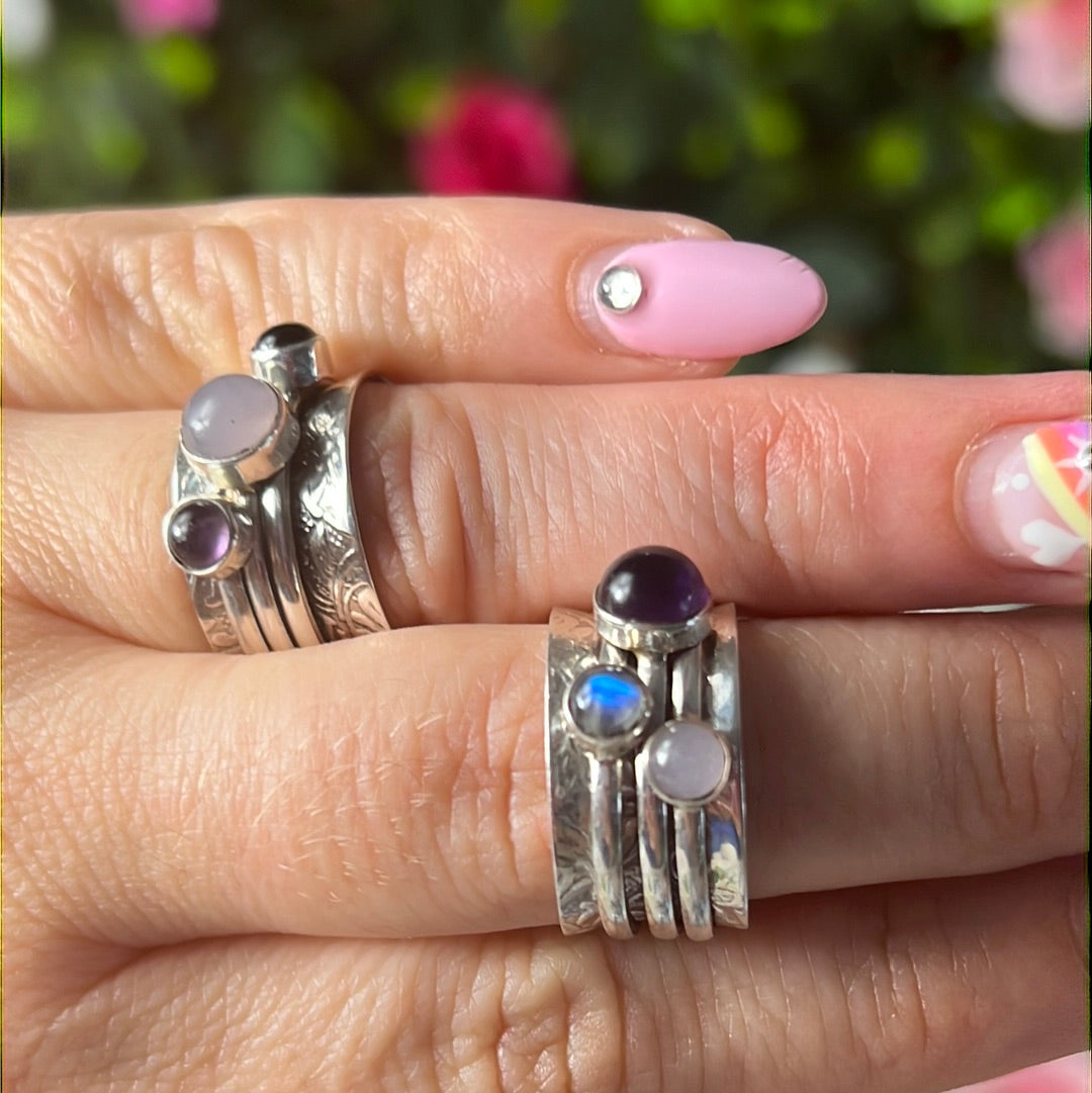 Trio Mix Fidget Spinner Ring - Sterling Silver 925 Size L 1/2