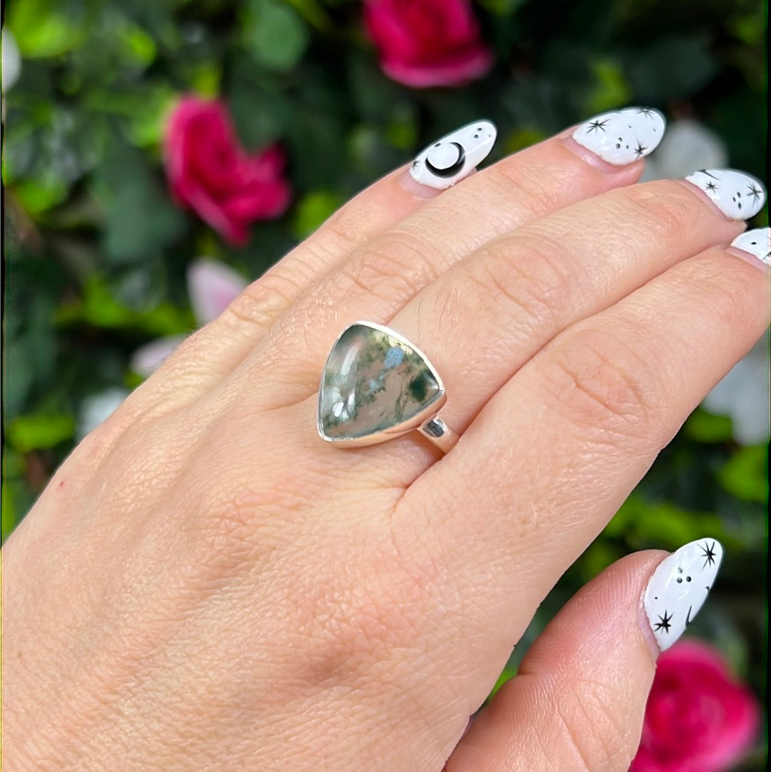 Moss Agate 925 Sterling Silver Ring - Size P 1/2 - Q