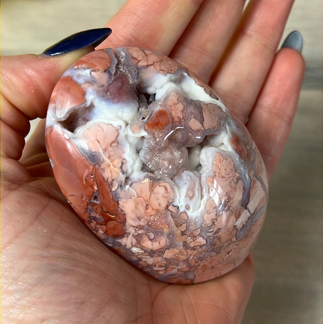 Pink Druzy Petal Agate Palm Pebble