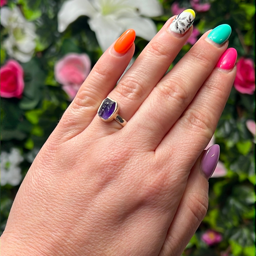 Amethyst Raw 925 Sterling Silver Ring - Size M