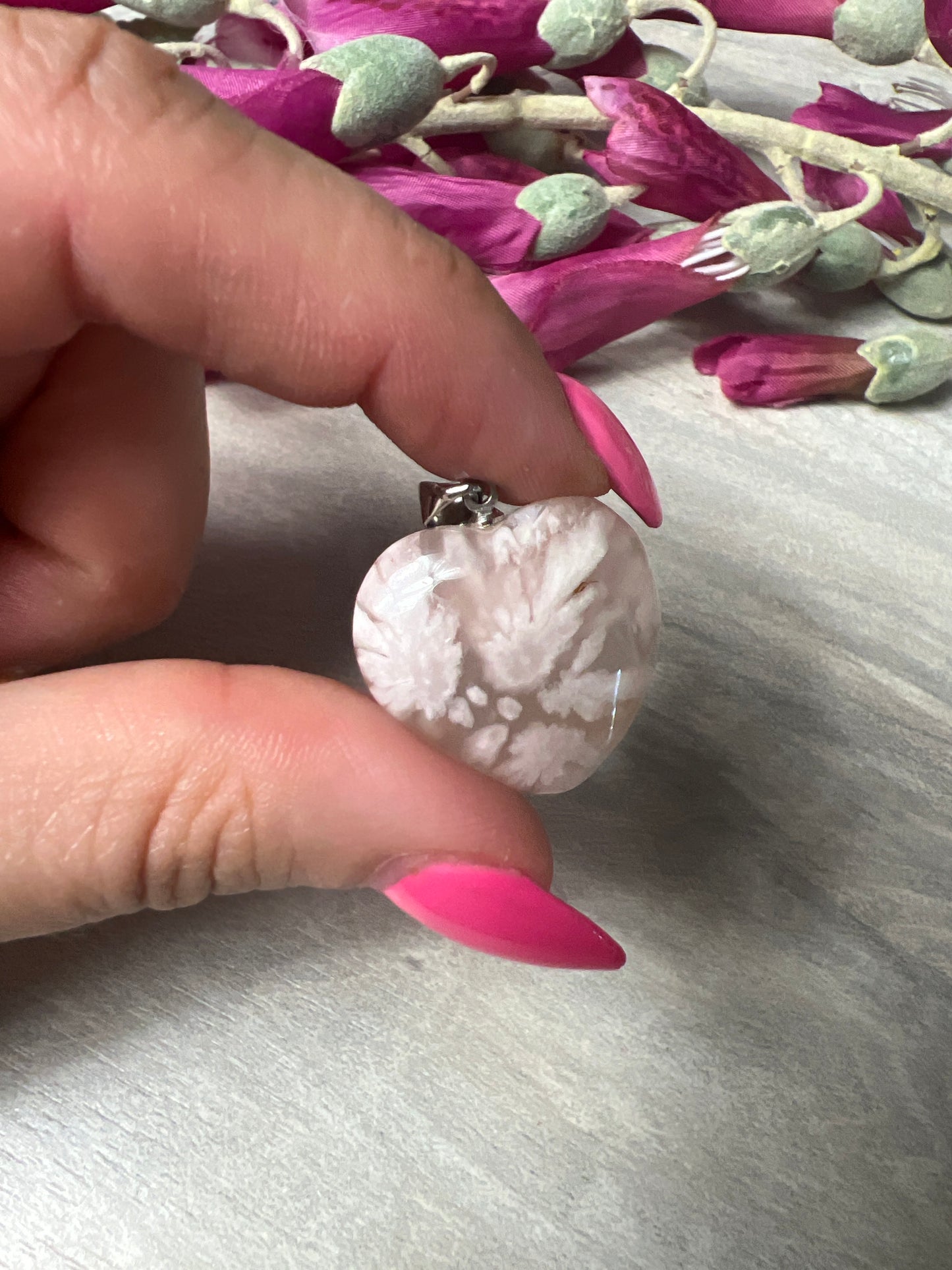 Flower Agate Heart Pendant - 925 Sterling Silver