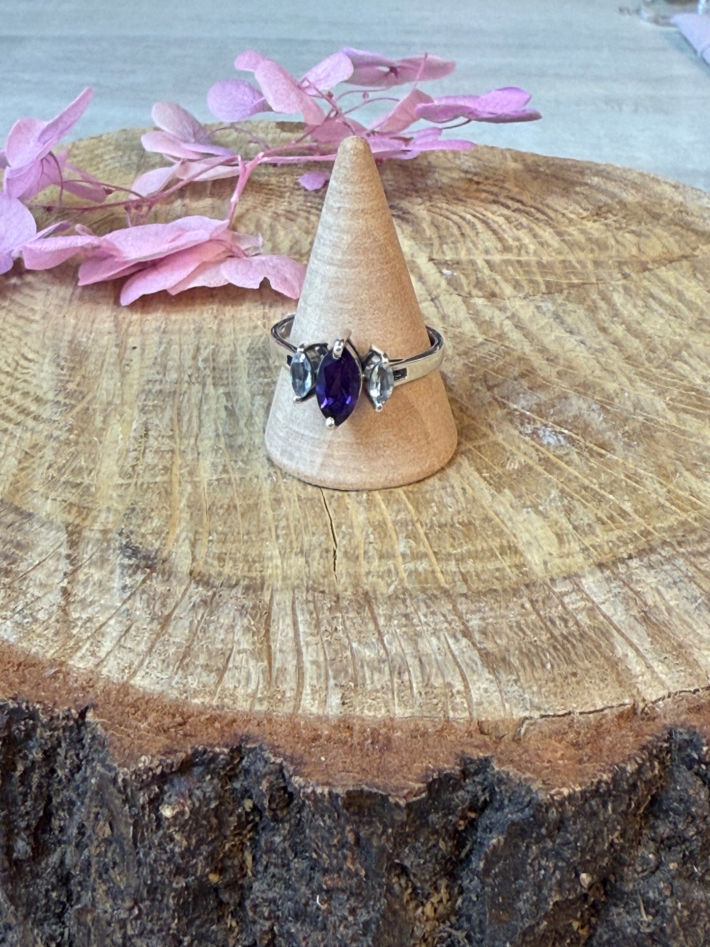 Triple Stone - Topaz / Amethyst 925 Ring - Size S